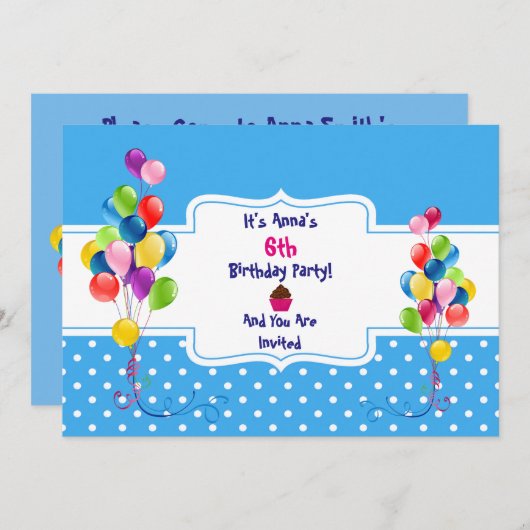 Ballons et points Invitation pour la fête d'annive (Devant / Derrière)