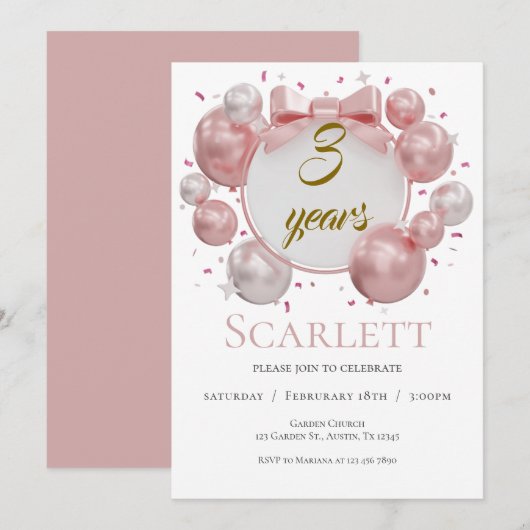 ballons et rubans roses pour invitation d'annivers (Devant / Derrière)