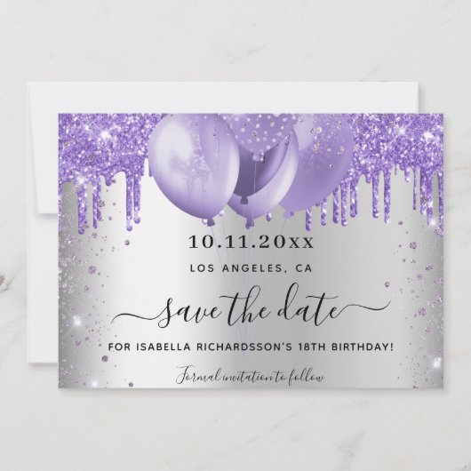 Ballons glitterdrift van de zilverviolette ballon save the date (Voorkant)