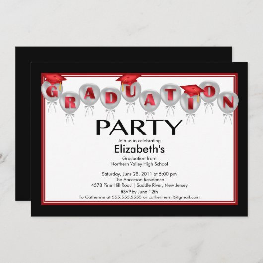 Ballons Graduation Party Invitation Red Pet Kaart (Voorkant / Achterkant)