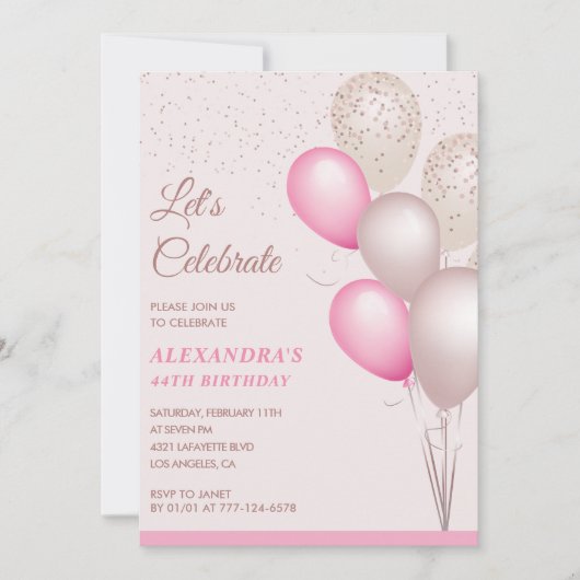 Ballons invitations pour 44e anniversaire Pink Con (Devant)
