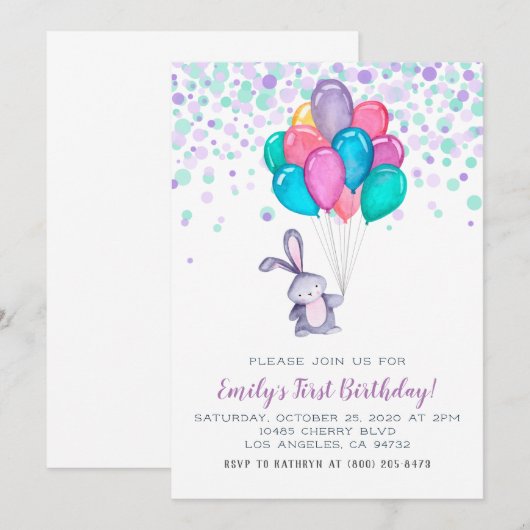 Ballons lapin lapin Anniversaire Invitation (Devant / Derrière)