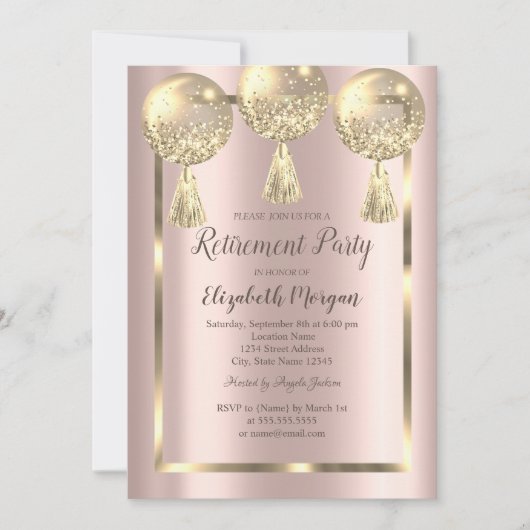 Ballons, Lijst, Roos Gold, Gold Glitter Retirement Kaart (Voorkant)