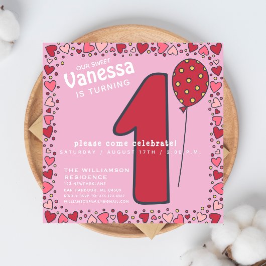 Ballons mignons - Enfants roses 1er Invitation ann