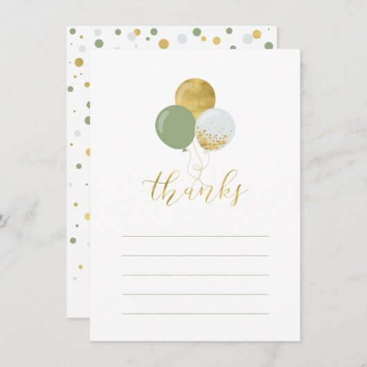 Ballons or et vert | Carte de note Merci à la part (Devant / Derrière)