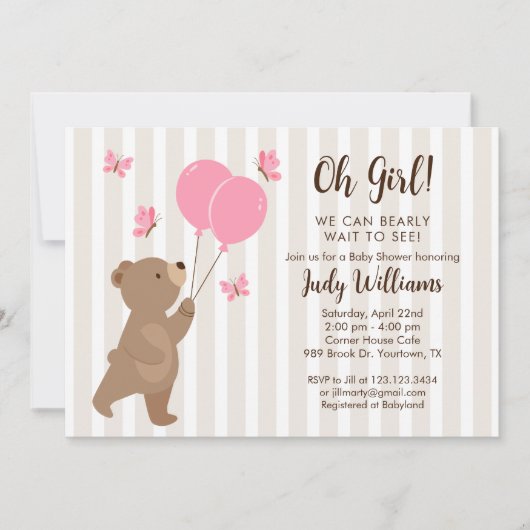 Ballons Ourson Mignon Invitation Fête Bébé Fille (Devant)