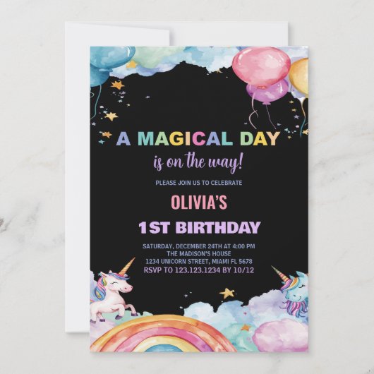 Ballons Rainbow Unicorn Invitations d'anniversaire (Devant)