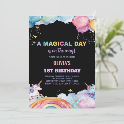 Ballons Rainbow Unicorn Invitations d'anniversaire (Debout devant)