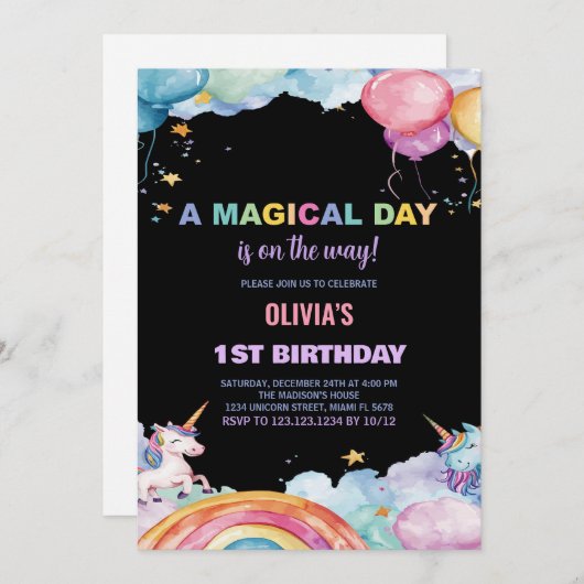 Ballons Rainbow Unicorn Invitations d'anniversaire (Devant / Derrière)