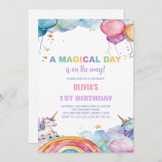 Ballons Rainbow Unicorn Invitations d'anniversaire (Devant / Derrière)
