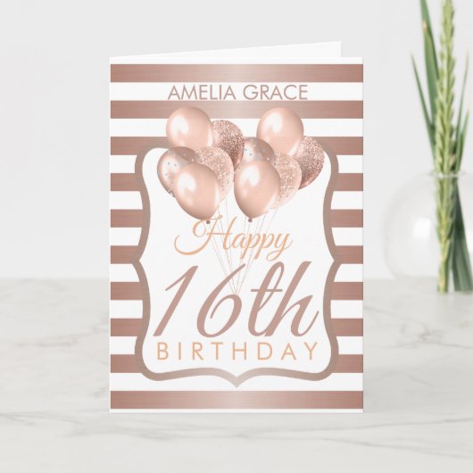 Ballons Rose en or rayé Carte d'anniversaire 16e (Devant)