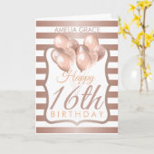 Ballons Rose en or rayé Carte d'anniversaire 16e (Fleur jaune)