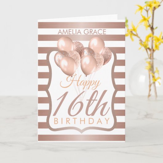 Ballons Rose en or rayé Carte d'anniversaire 16e (Fleur jaune)