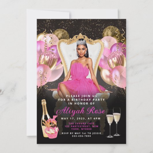 Ballons rose et or Invitation d'anniversaire royal (Devant)