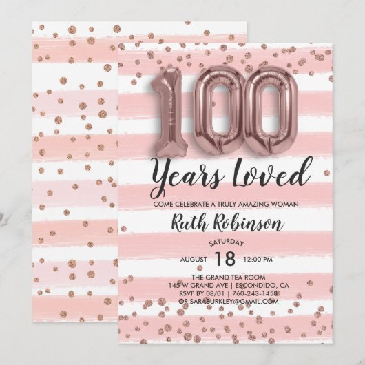 Ballons Rose Gold | Invitation Anniversaire 100 an (Devant / Derrière)