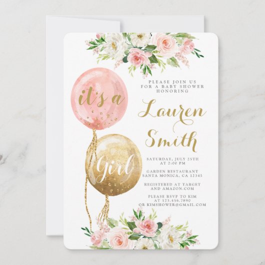 Ballons roses baby shower fille Invitation (Devant)