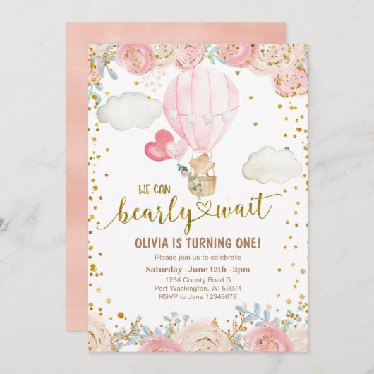 Ballons roses d'ours doux Invitation d'anniversai (Devant / Derrière)