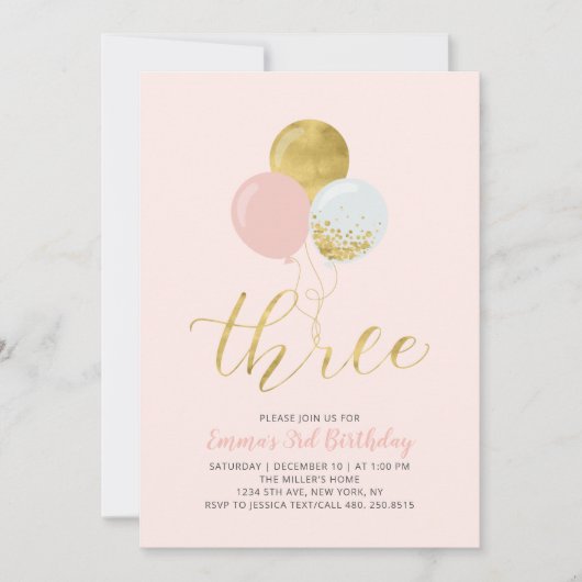 Ballons roses et or | Invitation pour les 3 ans d' (Devant)