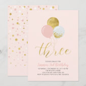 Ballons roses et or | Invitation pour les 3 ans d' (Devant / Derrière)