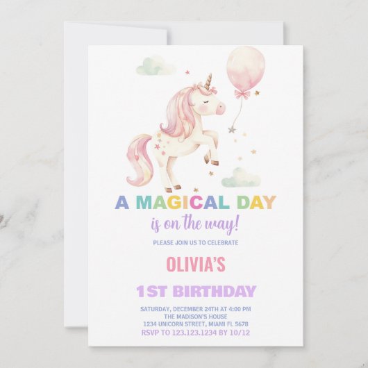 Ballons roses Unicorne Invitations Anniversaire (Devant)