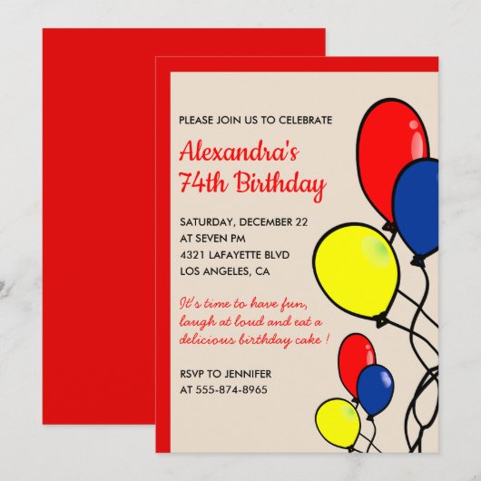 Ballons rouges simples invitations à 74e anniversa (Devant / Derrière)