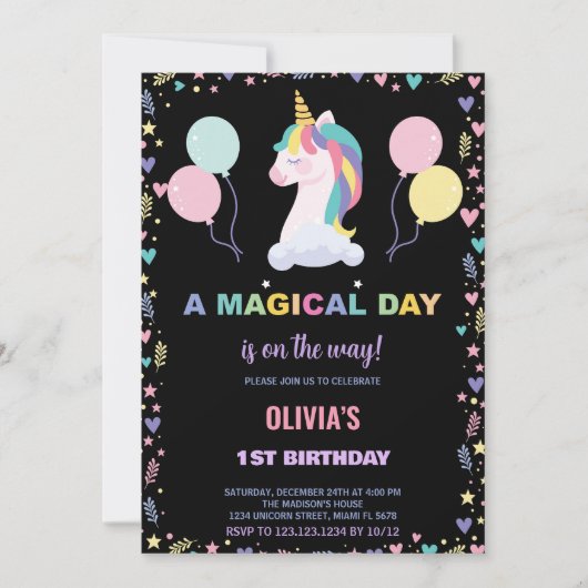 Ballons Unicorne Invitations d'anniversaire (Devant)