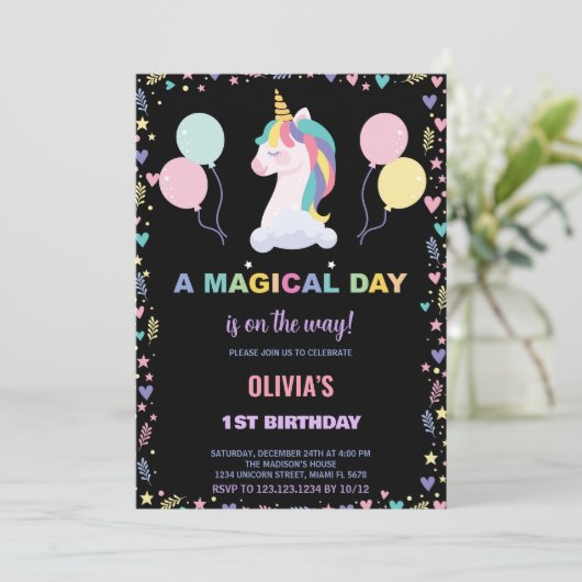 Ballons Unicorne Invitations d'anniversaire (Debout devant)