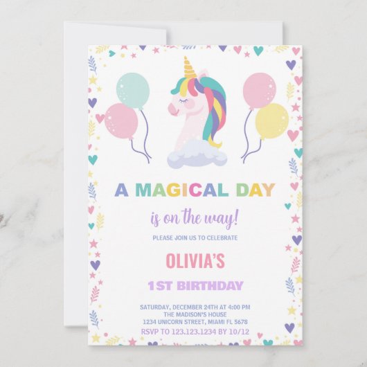 Ballons Unicorne Invitations d'anniversaire (Devant)