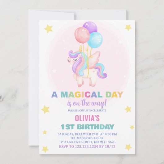 Ballons Unicorne Invitations d'anniversaire (Devant)