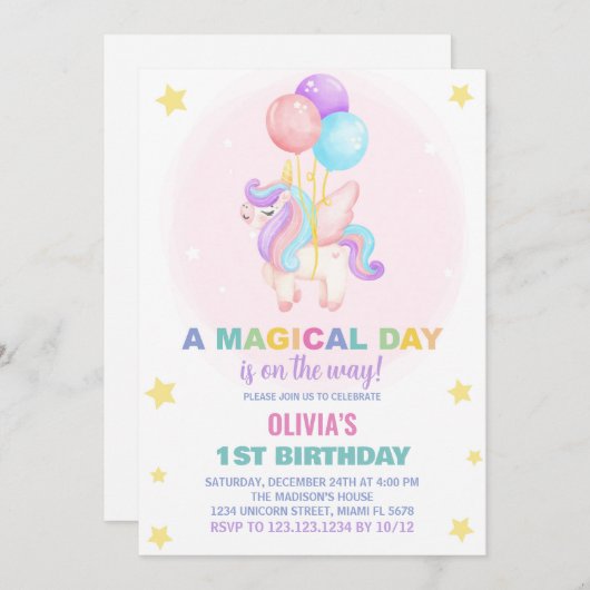 Ballons Unicorne Invitations d'anniversaire (Devant / Derrière)