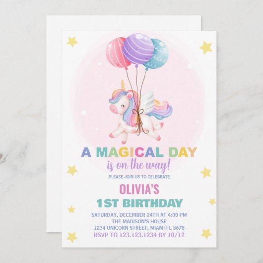 Ballons Unicorne Invitations d'anniversaire (Devant / Derrière)
