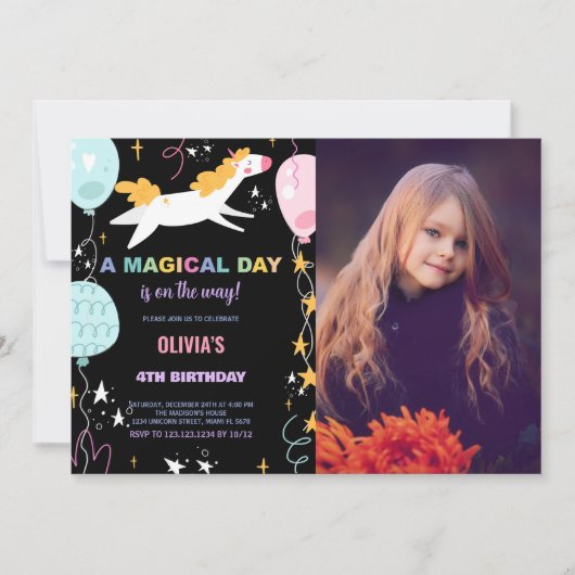 Ballons Unicorne Invitations d'anniversaire avec p (Devant)