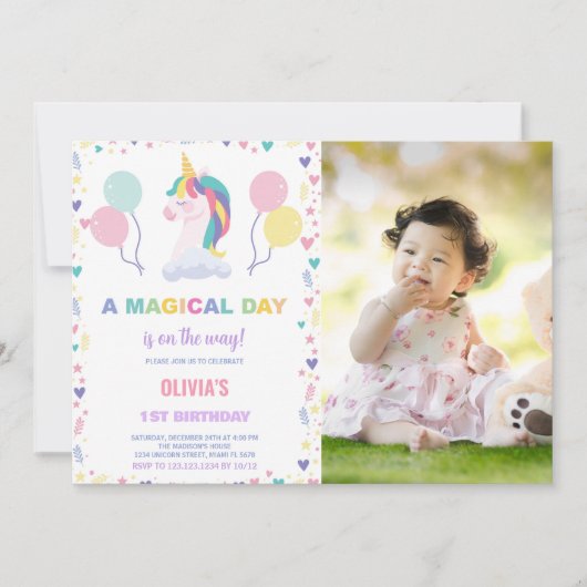 Ballons Unicorne Invitations d'anniversaire avec p (Devant)