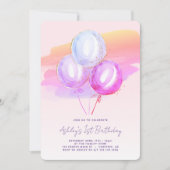Ballons violets Filles 1er Anniversaire Invitation (Devant)