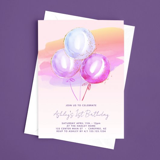 Ballons violets Filles 1er Anniversaire Invitation