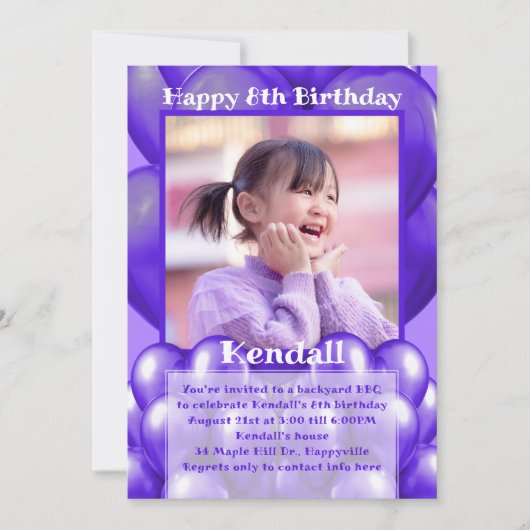 Ballons violets Photo Invitations de fête d'annive (Devant)