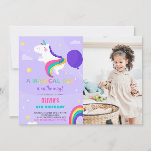 Ballons violets Unicorne Anniversaire Invitations (Devant)