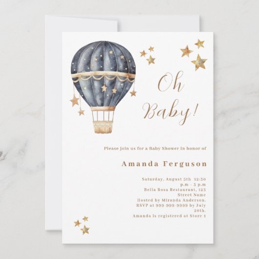 Ballonvaart met blauwe jongen sterren Baby Shower Kaart (Voorkant)