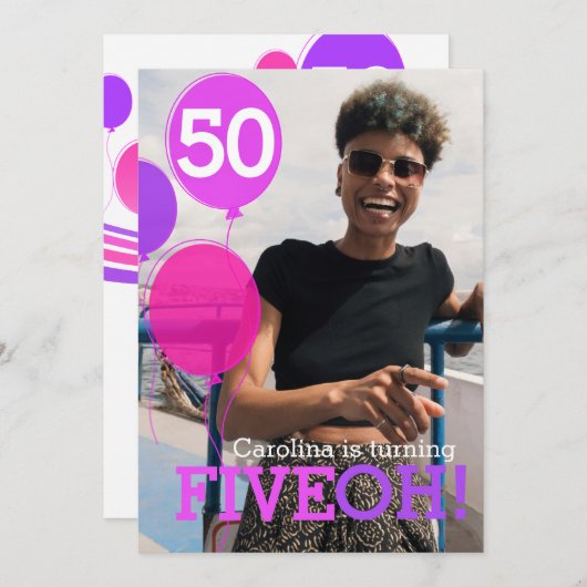 Balloon 50th FIVEOH! photo invitation d'anniversai (Devant / Derrière)