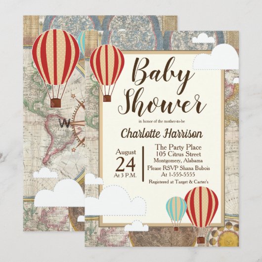 Balloon à air chaud et carte du monde Aventure Vin (Devant / Derrière)