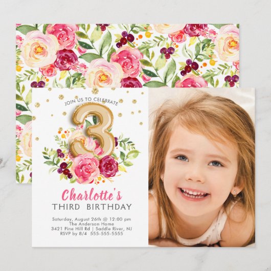 Balloon à huile photo Invitation troisième anniver (Devant / Derrière)