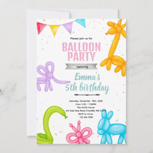 Balloon Animals party invitation (Devant)