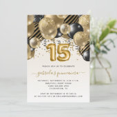 Balloon Arch Black Gold Quinceañera Invitation (Debout devant)