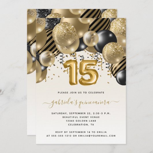 Balloon Arch Black Gold Quinceañera Invitation (Devant / Derrière)