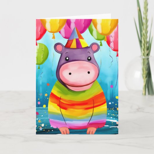 Balloon Bash Hippo: Schattigee Kids Verjaardag Kaa Kaart (Voorkant)