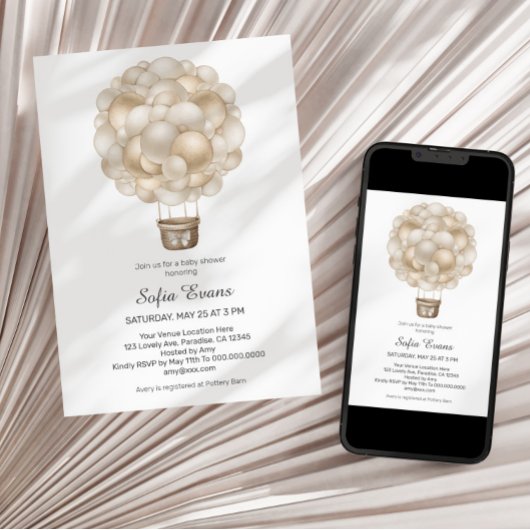 Balloon Beige Hot Air Boho Baby shower Invitation