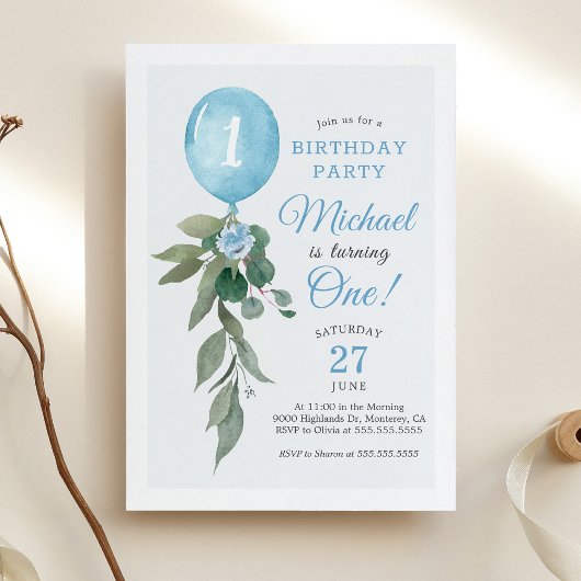 Balloon bleu verdure Anniversaire Fête Invitation