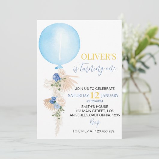Balloon Boy Premier anniversaire Invitation Boho F (Debout devant)