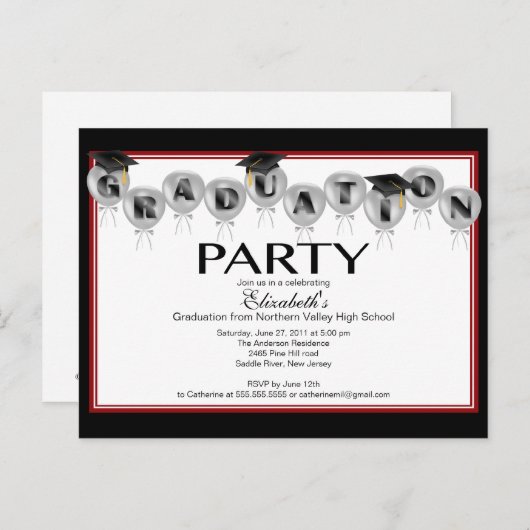 Balloon Graduation Party Invitation Zwart Afstudee Uitnodiging Briefkaart (Voorkant / Achterkant)