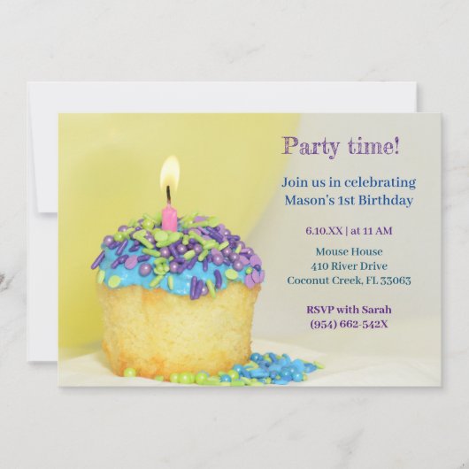 Balloon jaune bleu cupcake Anniversaire Invitation (Devant)